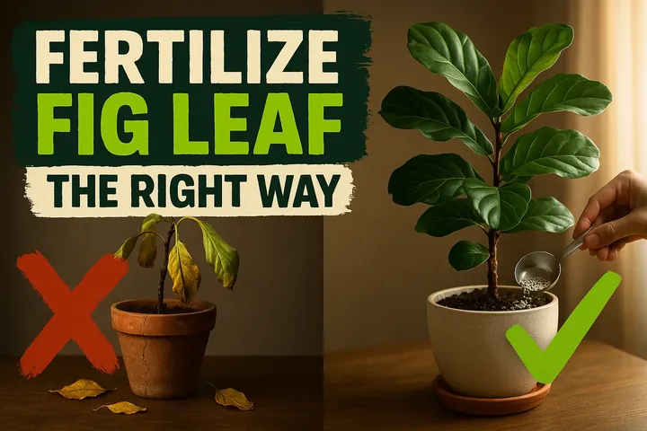 Split-screen: a Ficus lyrata with brown burnt leaf edges from over-fertilizing on the left, and a thriving fiddle leaf fig being fed diluted liquid fertilizer.