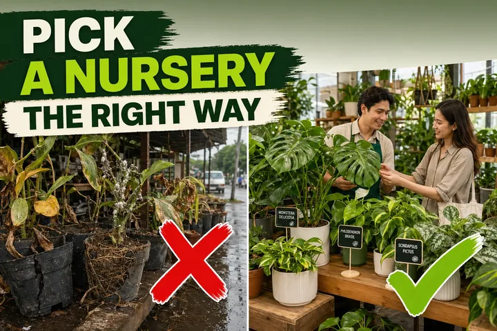 Split-screen showing a sketchy roadside plant stand with sad neglected plants on the left and a clean nursery with healthy labeled houseplants on the right.