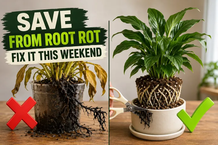 Split-screen comparison of a houseplant with mushy black rotten roots in soggy soil on the left and the same plant rescued with healthy white roots in fresh.