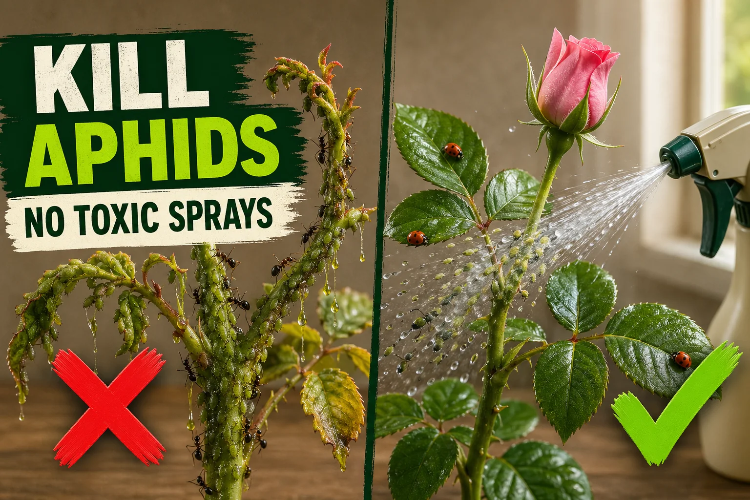 Split-screen comparison of a rose stem covered in green aphids and tending ants on the left, versus the same rose with glossy leaves, a pink rosebud, and.