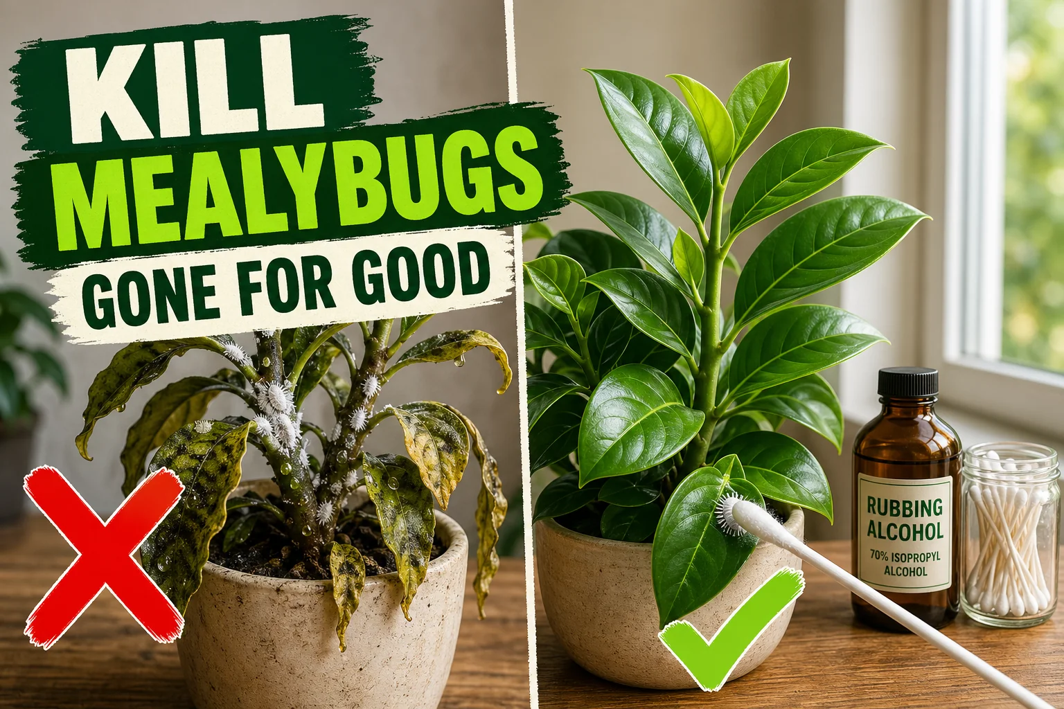 Split-screen of a houseplant with white cottony mealybugs in leaf joints and sticky honeydew on the left, versus the same plant clean and glossy with rubbing.