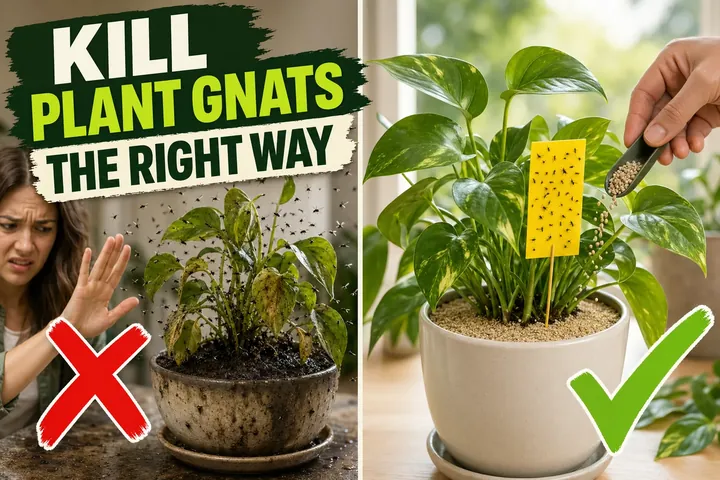 Split-screen showing a houseplant swarmed by fungus gnats in soggy soil on the left versus a clean plant with a yellow sticky trap on the right.