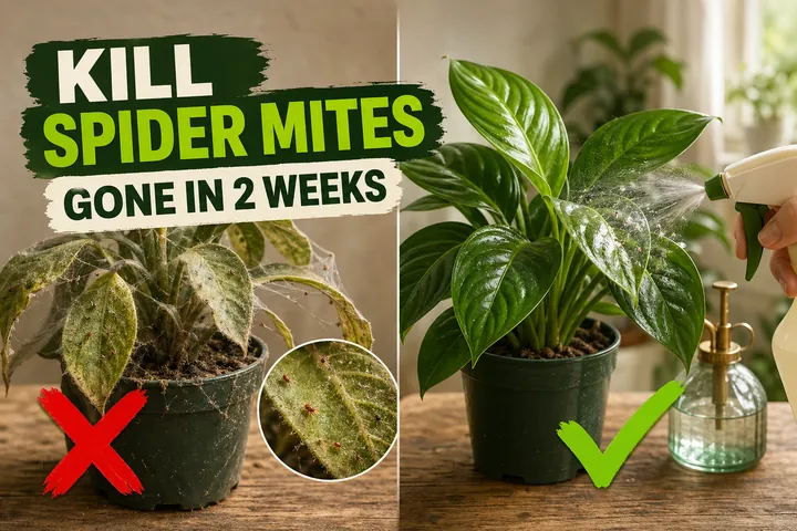 Split-screen of a houseplant covered in spider mite webbing and yellow stippled leaves on the left, versus the same plant with clean glossy leaves on the right.