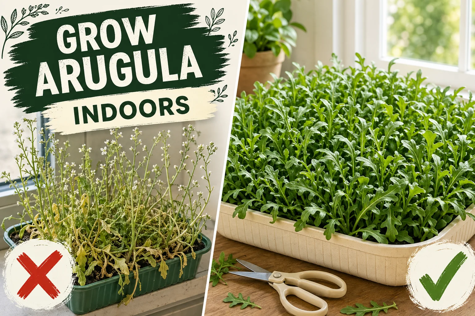 Bolted arugula in a hot windowsill pot on the left; a wide shallow tray of lush dark-green arugula being harvested with scissors on the right.