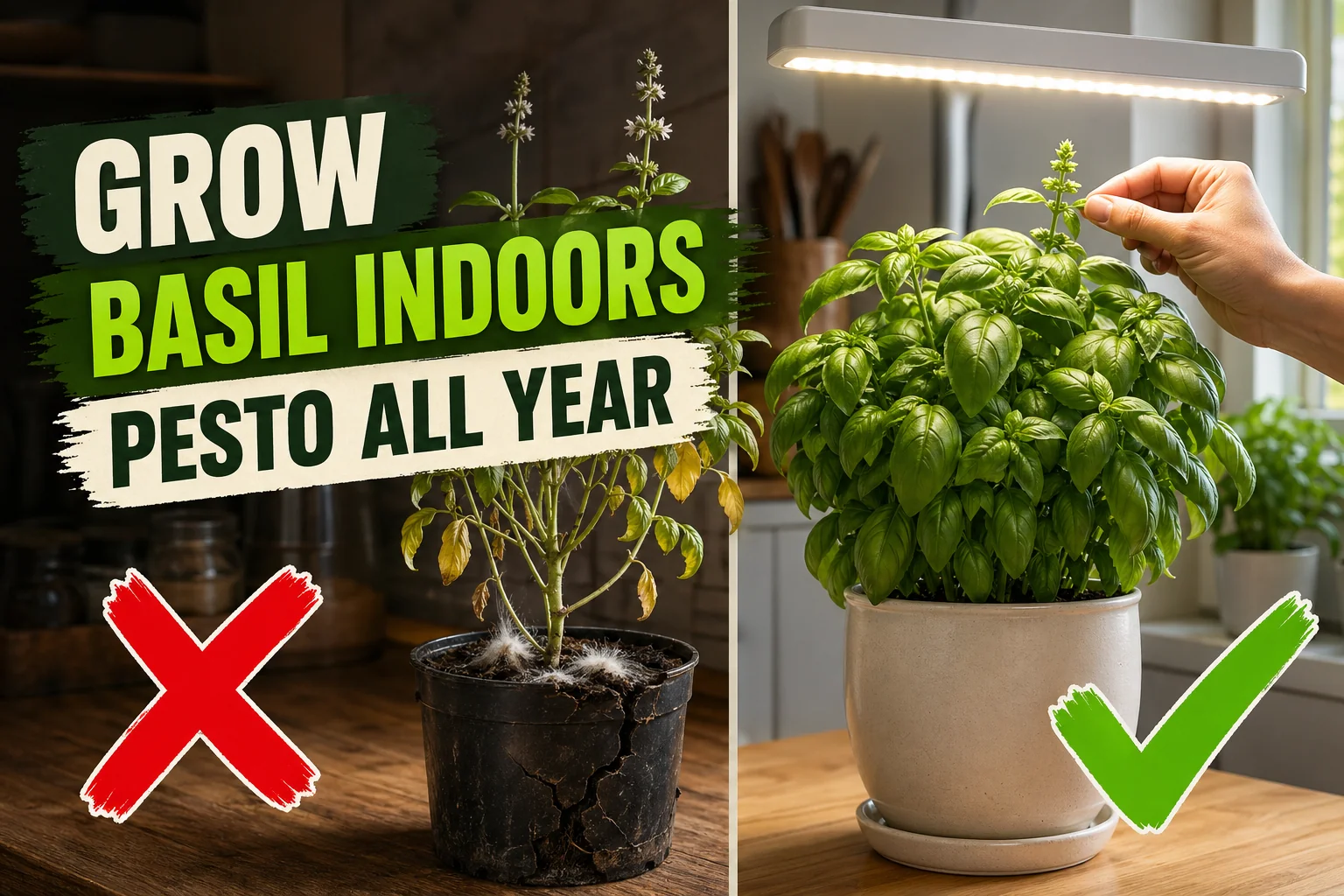 Split-screen showing a leggy yellowing supermarket basil with root rot on the left versus a bushy bright-green basil under an LED grow light bar on the right.