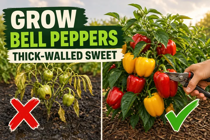 Split-screen showing a struggling bell pepper plant with thin-walled pale fruits and yellow leaves on the left versus a thriving mulched plant heavy with.