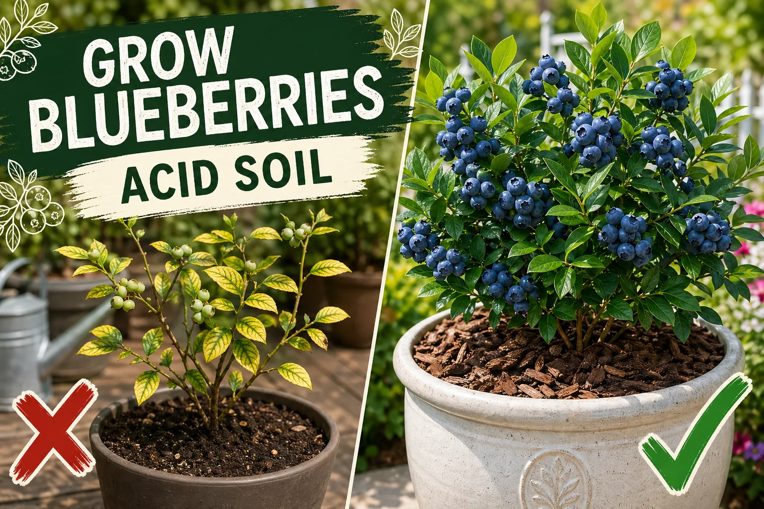Split-screen showing a yellowing blueberry in an alkaline pot on the left versus a thriving container blueberry loaded with ripe blue fruit on the right