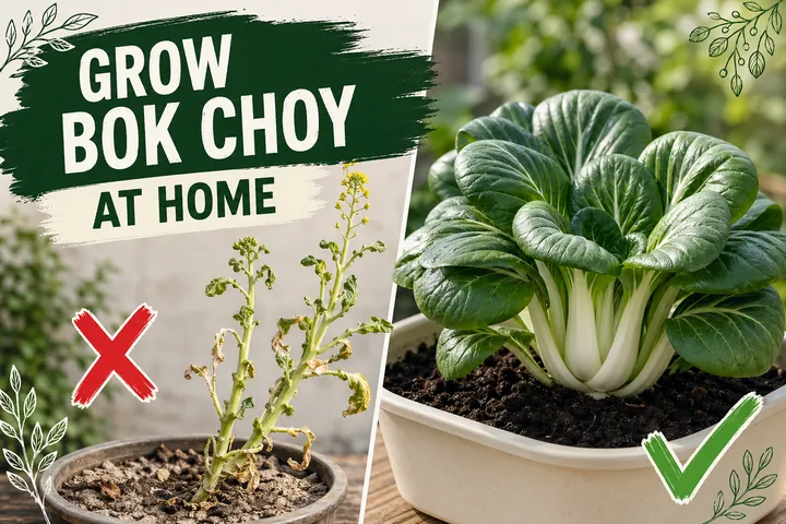 Split-screen: a bolted bok choy plant with a tall yellow flower stalk versus a lush rosette of dark-green bok choy ready to harvest in a garden bed.