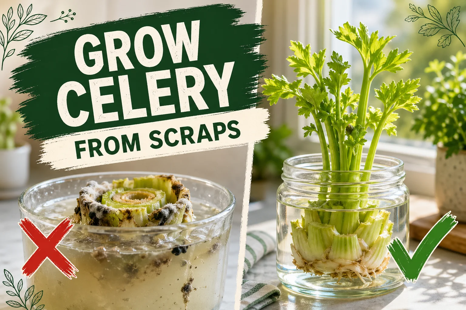 Split-screen: slimy celery base rotting in stagnant water on the left versus a celery stump regrowing crisp green shoots in clean water on the right.