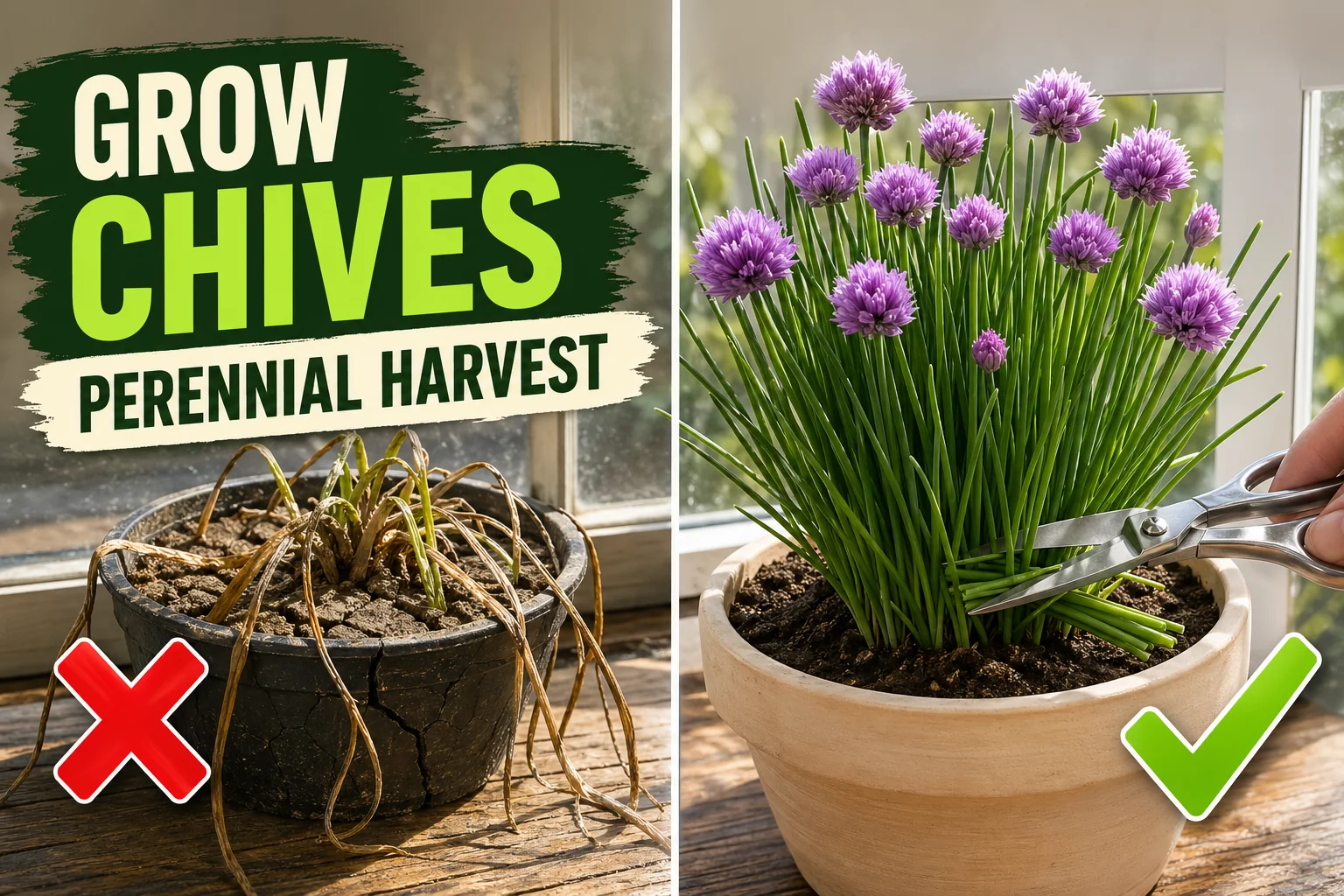 Split-screen comparison showing a wilting brown chive clump in a hot dry pot on the left versus a thriving green chive clump topped with purple flowers being.