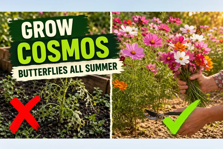 Split-screen comparison showing a leggy flopping cosmos plant with slug damage on the left versus a tall vibrant cosmos patch in full bloom with butterflies.