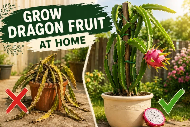 A struggling leggy dragon fruit cutting unsupported on the left versus a thriving Hylocereus undatus cactus climbing a tall wooden post on the right.