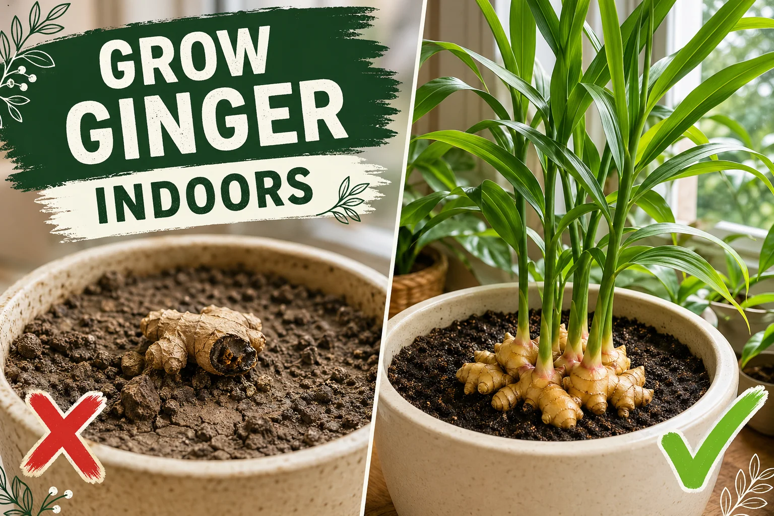Failed ginger rhizome in a cramped dark pot on the left versus a thriving indoor ginger plant in a wide shallow pot on a warm bright windowsill.