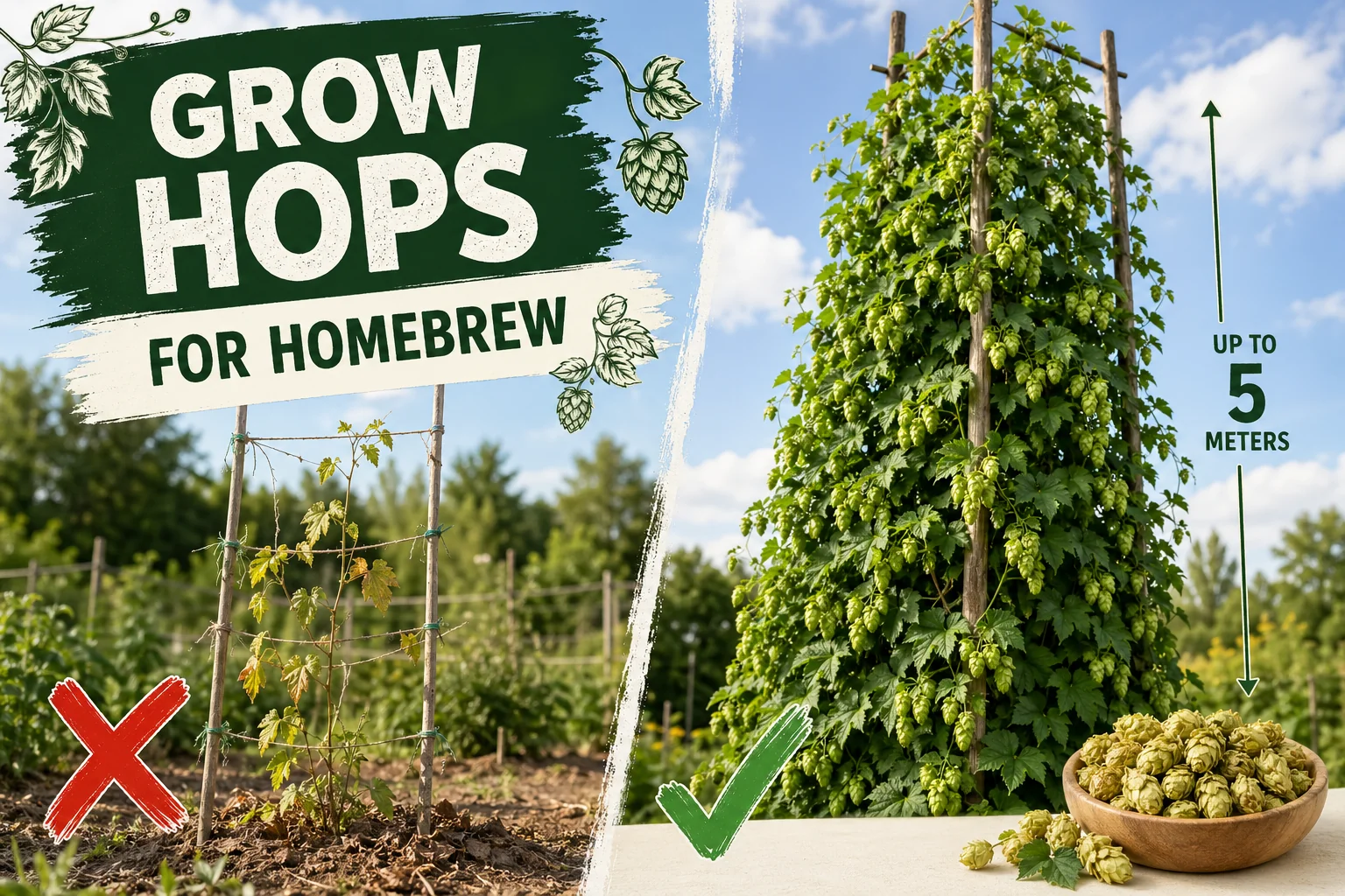 Split-screen: bare trellis with wilted yellowing hop bines versus a thriving 7 m tall hops plant covered in papery green cones ready for harvest.