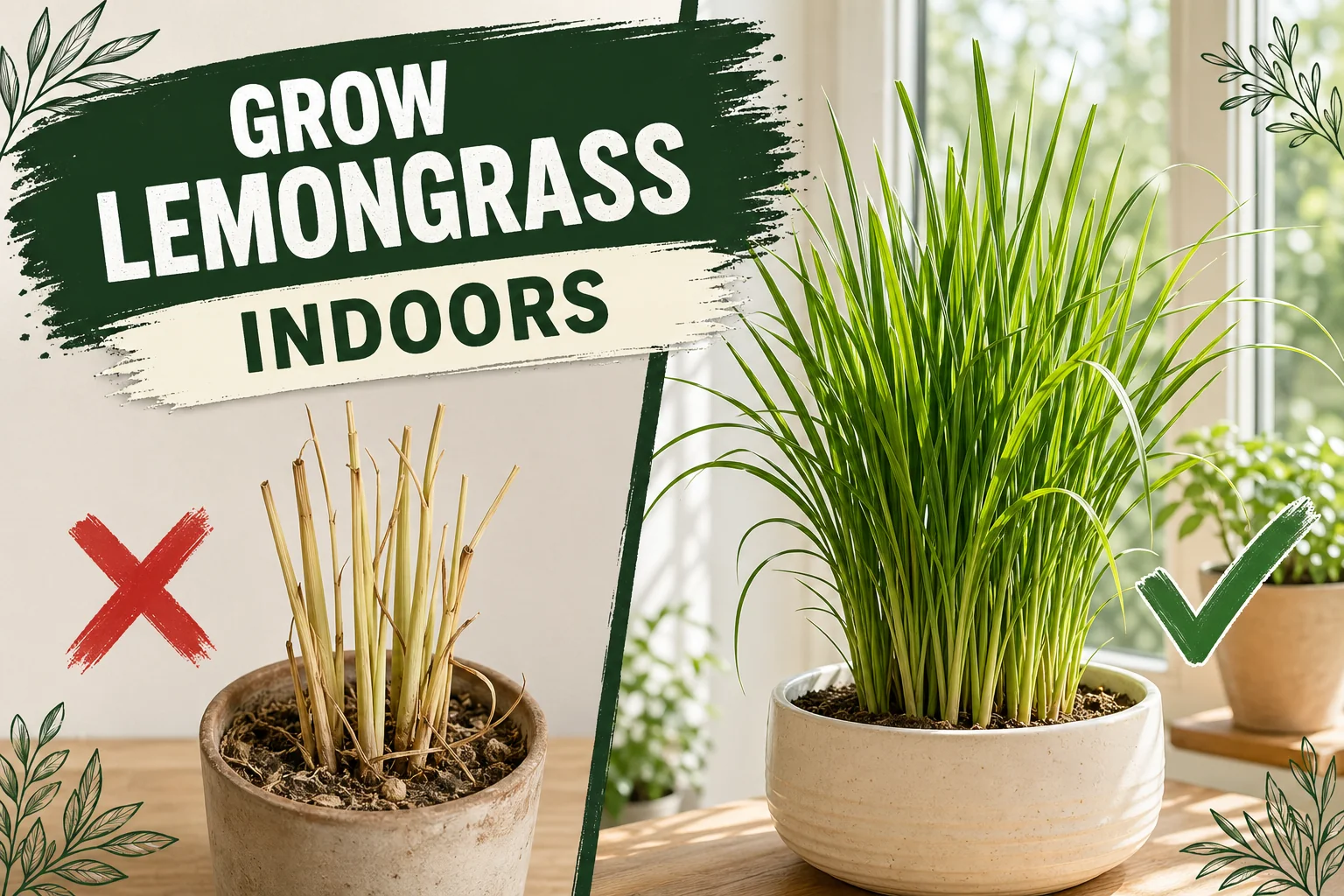 Sparse leggy lemongrass in a dim corner versus a wide bushy lemongrass clump thriving in a terracotta pot on a bright sunny windowsill.