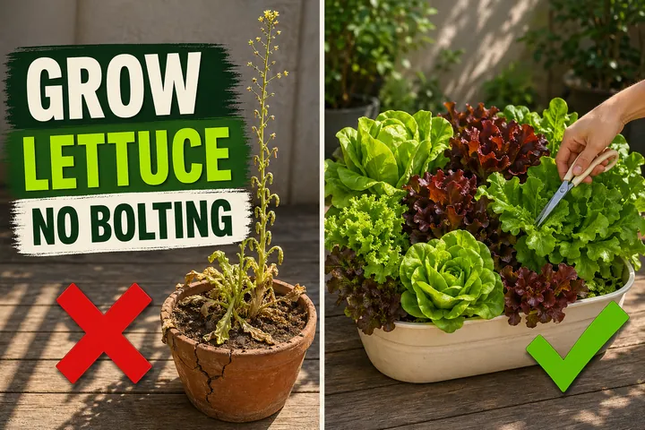 Split-screen comparison showing a bolted heat-stressed lettuce in a sun-baked pot on the left versus a thriving wide container packed with mixed lettuce.