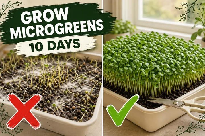 Split-screen: moldy failed microgreens tray on the left vs lush broccoli microgreens ready to harvest on the right.