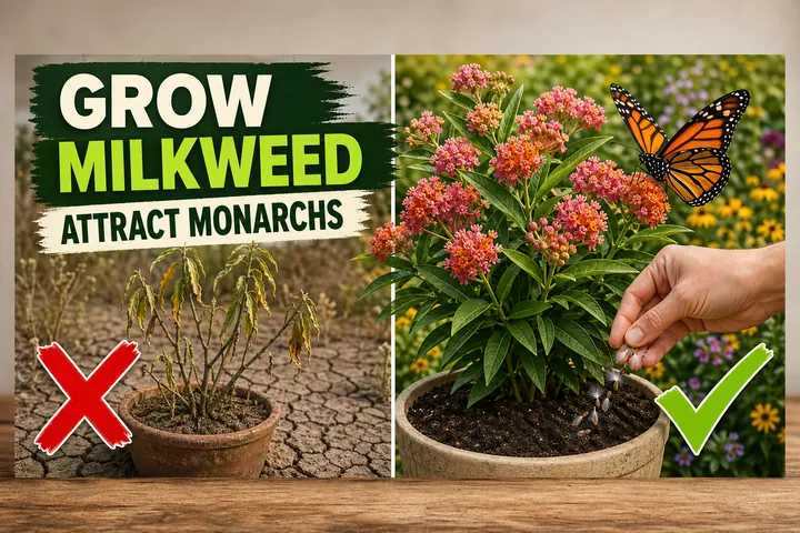 Split-screen comparison showing a sad sparse milkweed plant in dry soil on the left versus a thriving flowering milkweed with a monarch butterfly on the right.