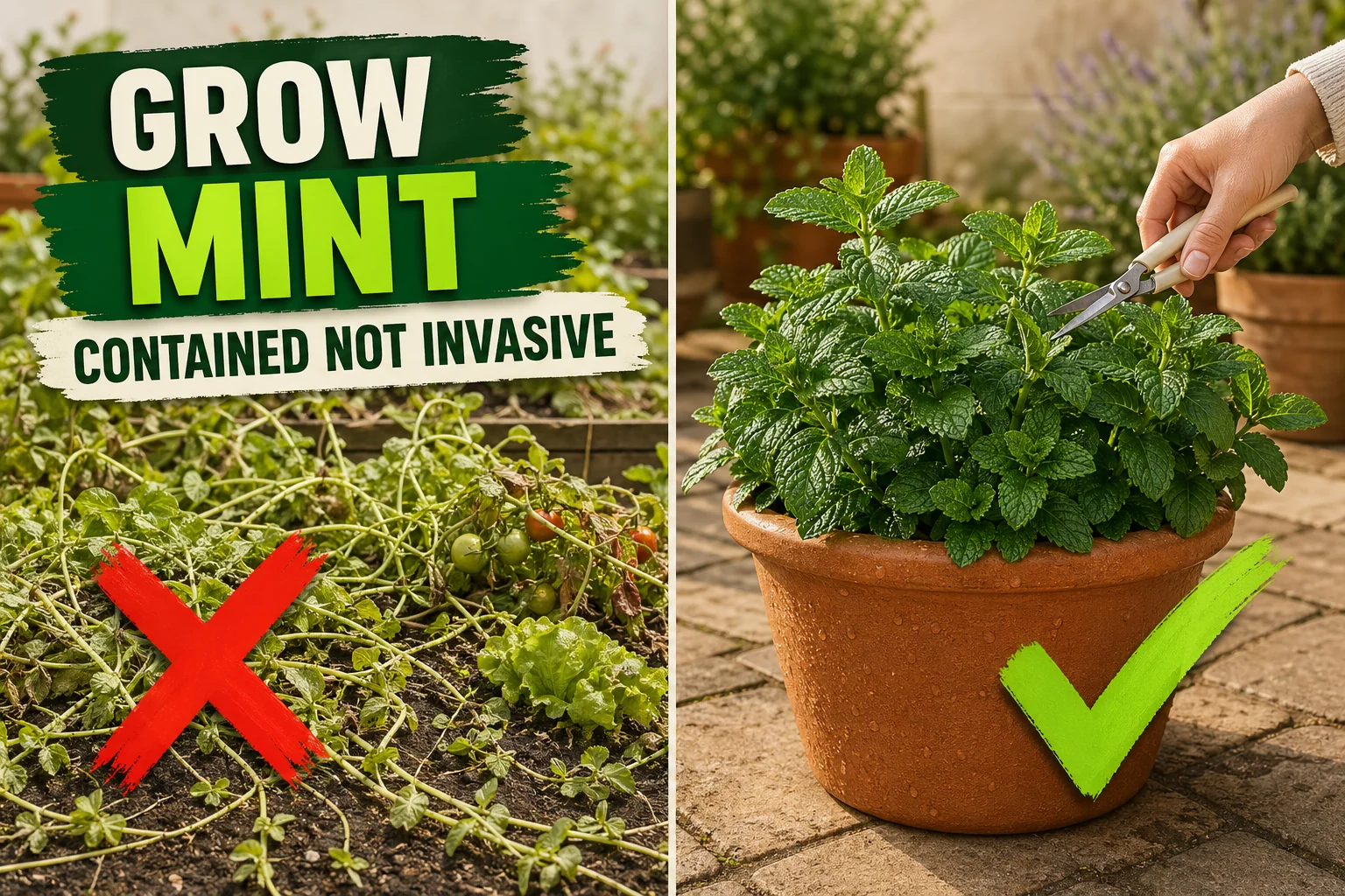 Split-screen showing an escaped mint patch with sprawling runners overrunning a vegetable garden on the left versus a tidy contained mint plant in a deep.