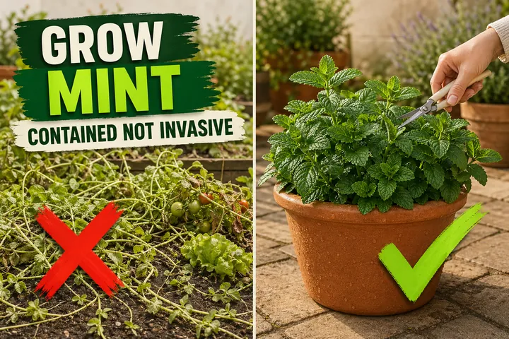 Split-screen showing an escaped mint patch with sprawling runners overrunning a vegetable garden on the left versus a tidy contained mint plant in a deep.