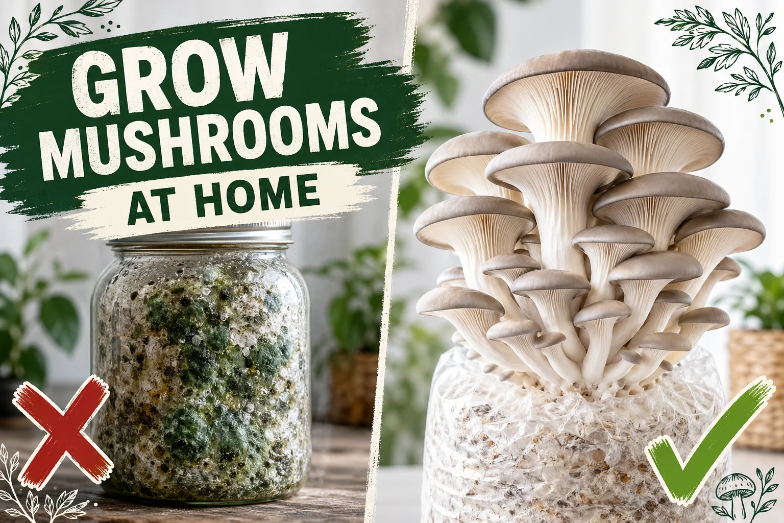 Split-screen: green mold-covered mushroom block on the left versus pearl oyster mushroom clusters bursting from a clean grow bag on the right.