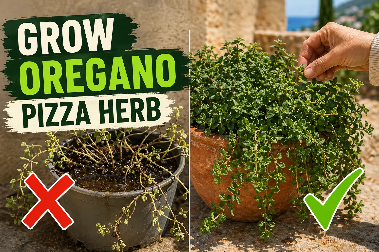 Split-screen hero showing a leggy washed-out oregano with pale floppy stems in a soggy plastic pot on the left versus a robust trailing oregano with abundant.