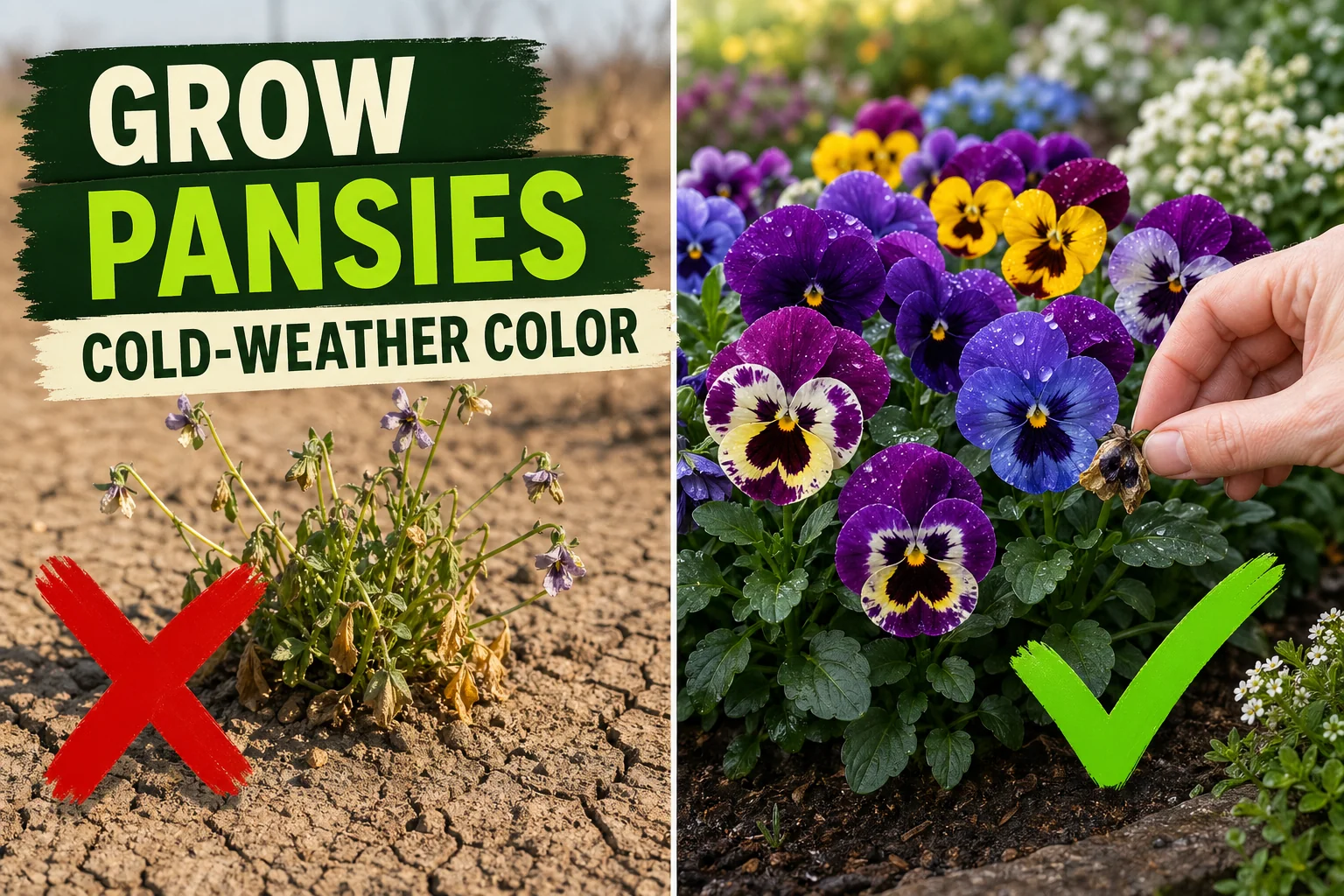 Split-screen comparison showing a leggy heat-stressed pansy with faded flowers on the left versus a tidy patch of vivid purple, yellow, and blue pansies in.