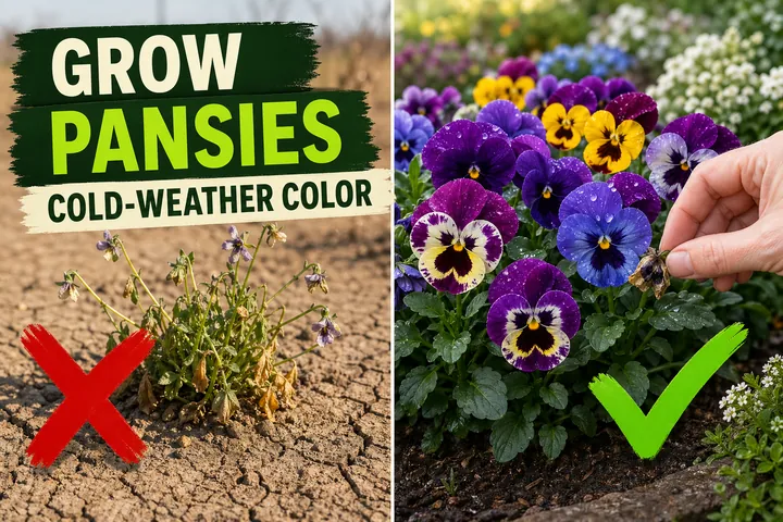 Split-screen comparison showing a leggy heat-stressed pansy with faded flowers on the left versus a tidy patch of vivid purple, yellow, and blue pansies in.