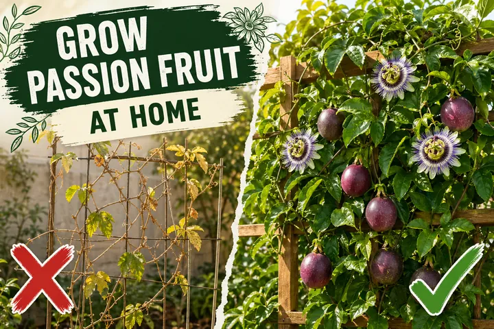 Failed unsupported passion fruit vine with yellow leaves on the left; healthy Passiflora edulis vine with ripe purple fruit on a tall trellis on the right.