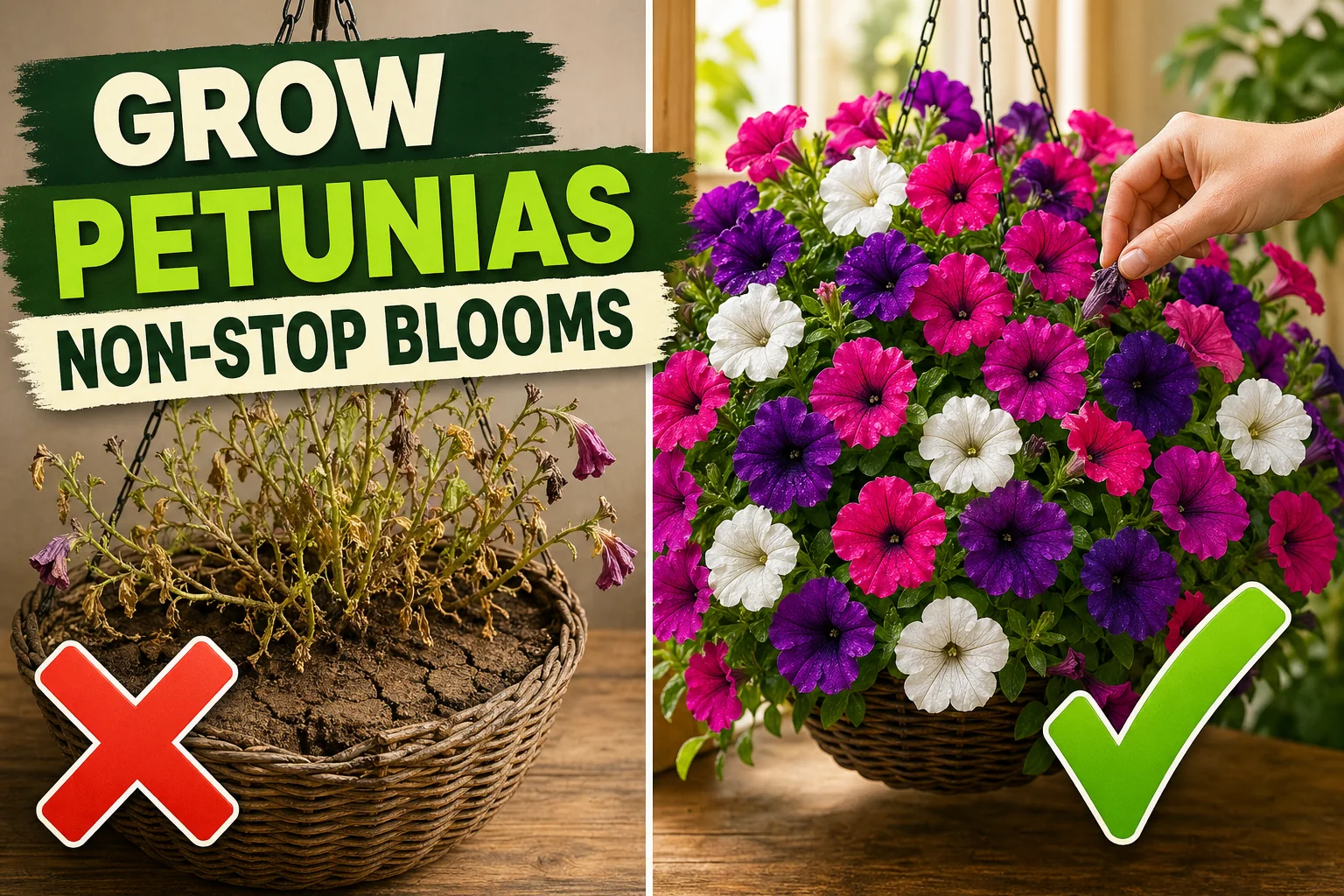 Split-screen comparison showing a leggy spent petunia basket with bare stems on the left versus a vivid pink, purple, and white petunia cascade with a hand.