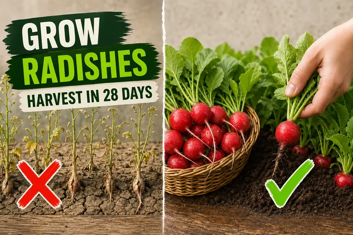 Split-screen: bolted woody radishes in dry cracked soil on the left versus a basket of freshly harvested round red Cherry Belle radishes on the right.