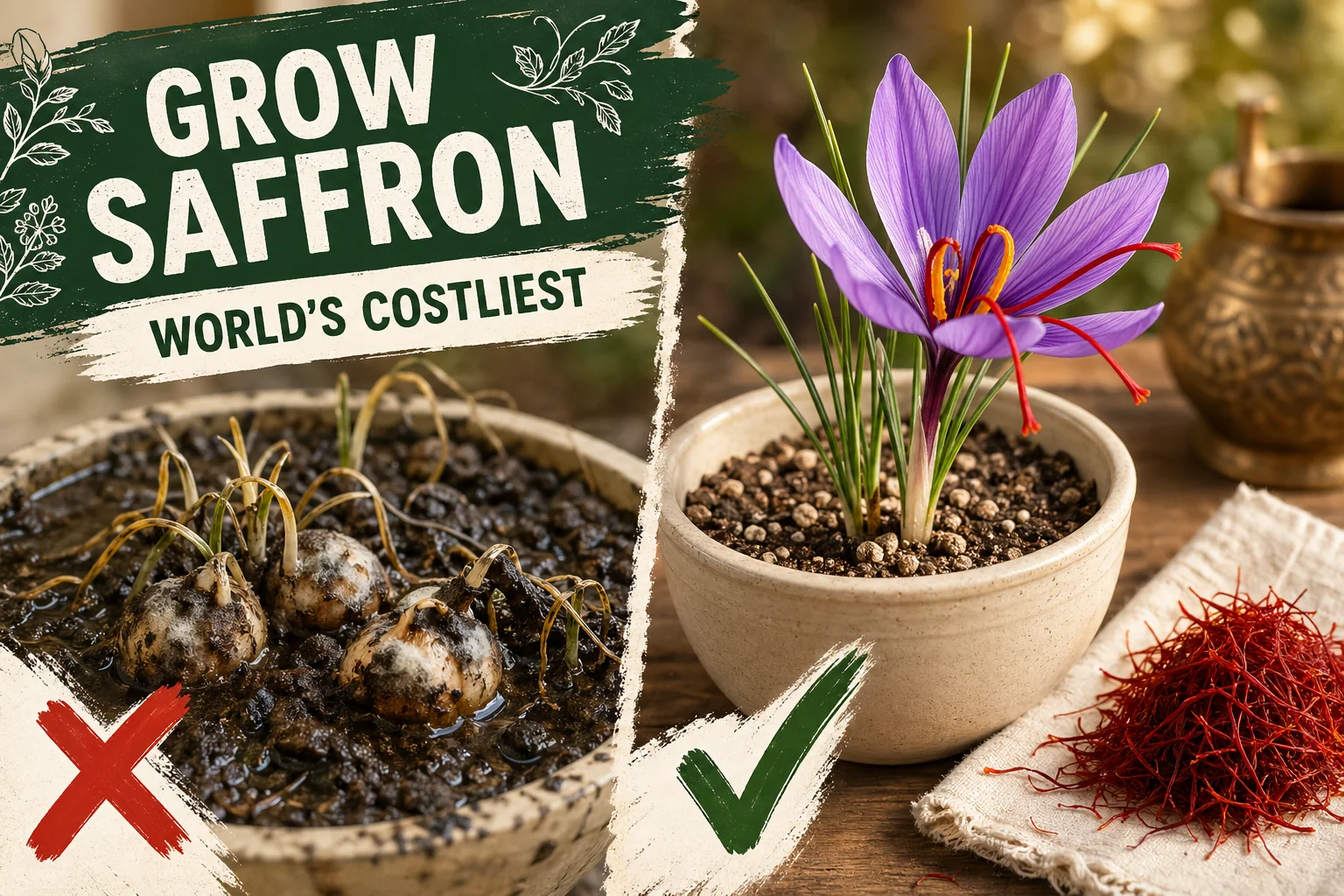 Shriveled saffron corm in waterlogged clay soil on the left; a vivid Crocus sativus bloom with three red stigmas ready to harvest on the right.