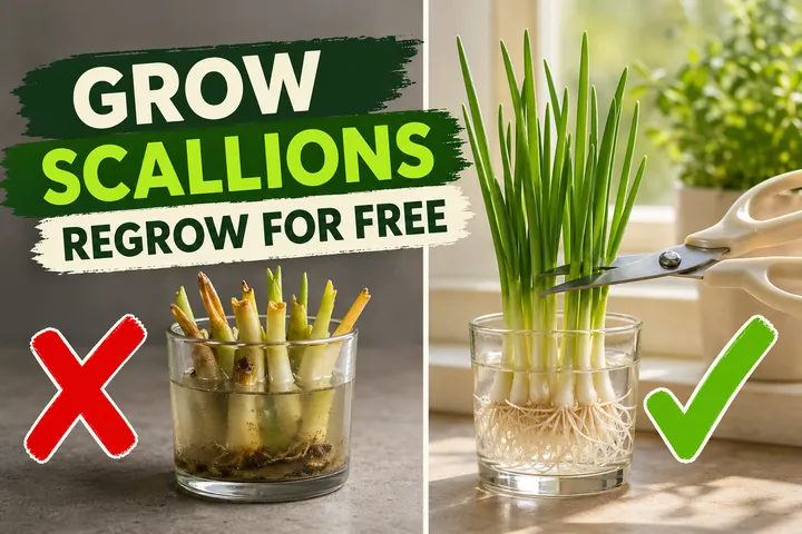 Split-screen comparison showing wilting scallion stubs in cloudy water on the left versus vibrant 20 cm scallion regrowth with white roots being harvested with.