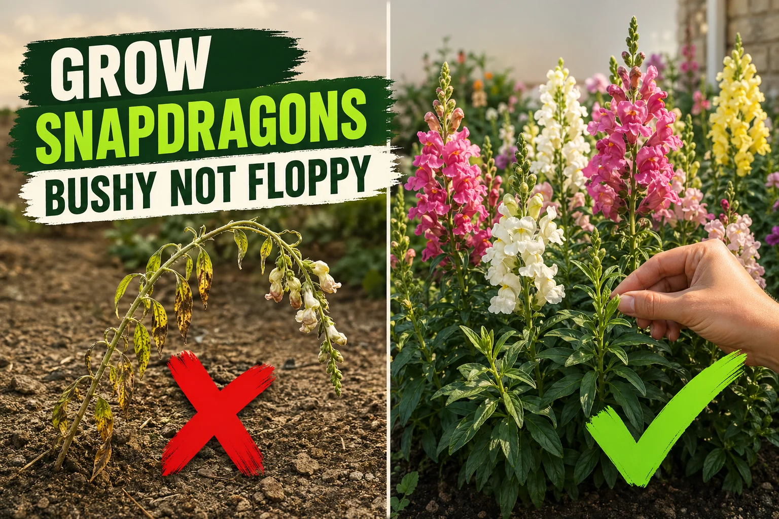 Split-screen of leggy heat-stressed snapdragons with brown flowers on the left and a lush patch of vibrant pink, yellow, and red snapdragons on the right.