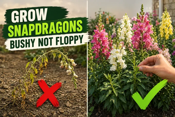 Split-screen of leggy heat-stressed snapdragons with brown flowers on the left and a lush patch of vibrant pink, yellow, and red snapdragons on the right.