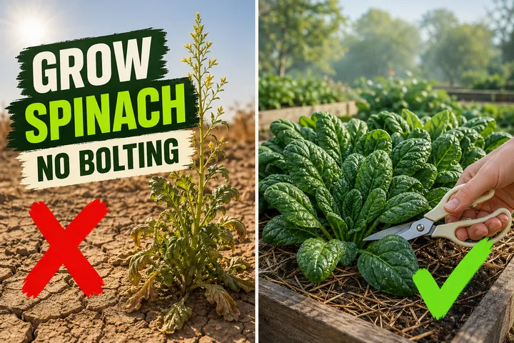 Split-screen comparison showing a bolted spinach plant with a tall yellow flower stem on the left versus a lush flat rosette of dark-green crinkled spinach in.