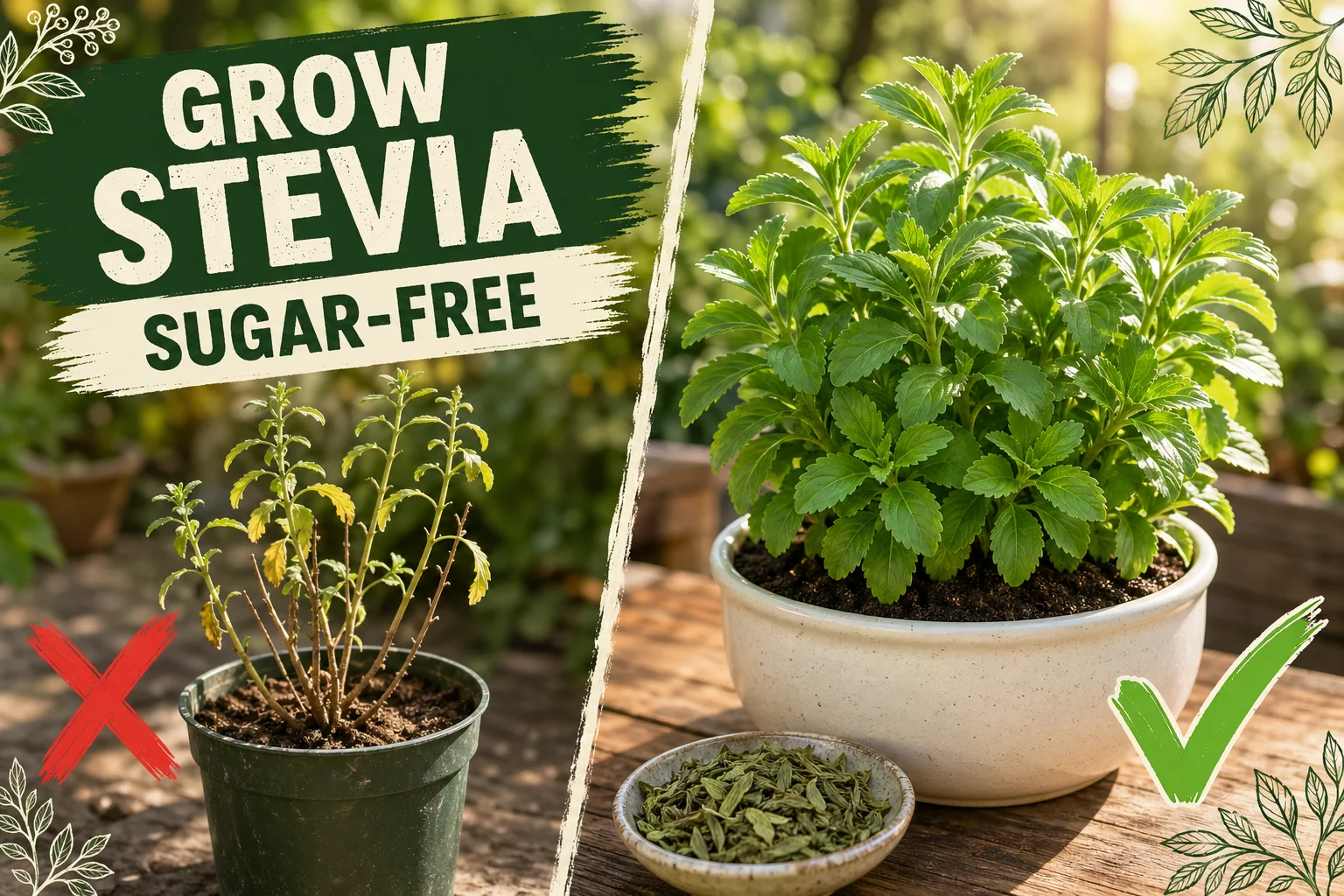 Split-screen: spindly unharvested stevia gone to flower with bitter leaves versus a bushy pinched stevia with lush green sweet leaves ready to harvest.
