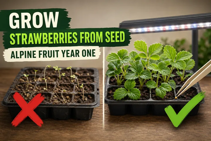 Split-screen showing pale leggy failed strawberry seedlings versus stocky healthy seedlings under a full-spectrum LED grow light bar on the right.
