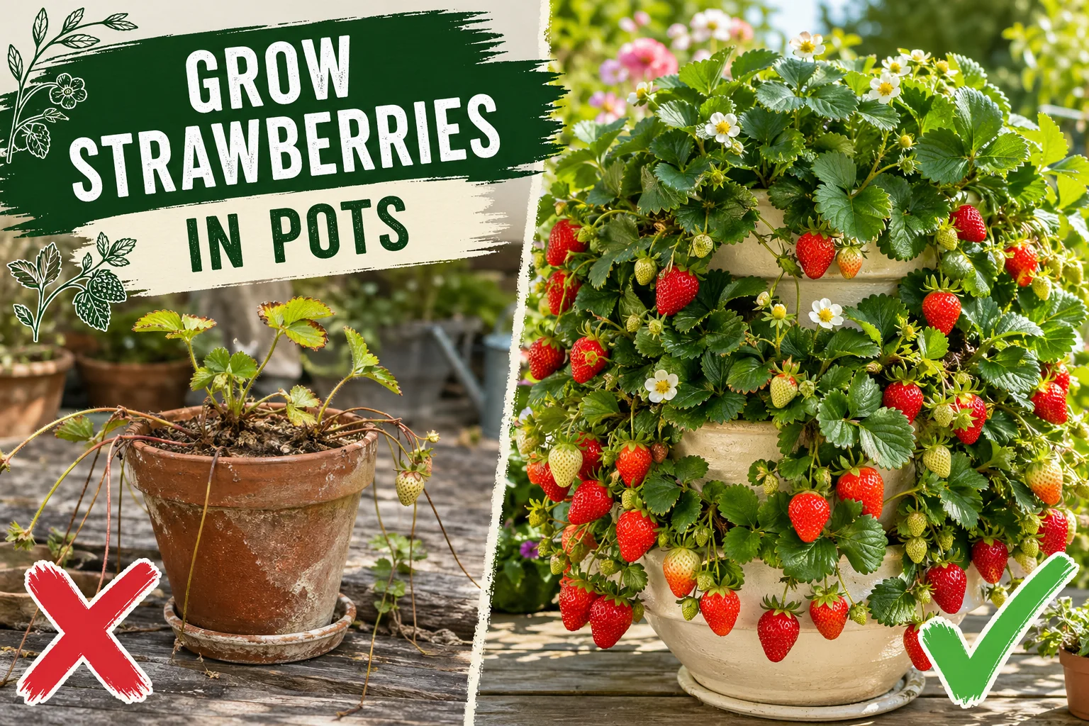 Split-screen: neglected strawberry in a cramped pot with pale berries on the left; lush hanging basket overflowing with ripe red strawberries on the right.