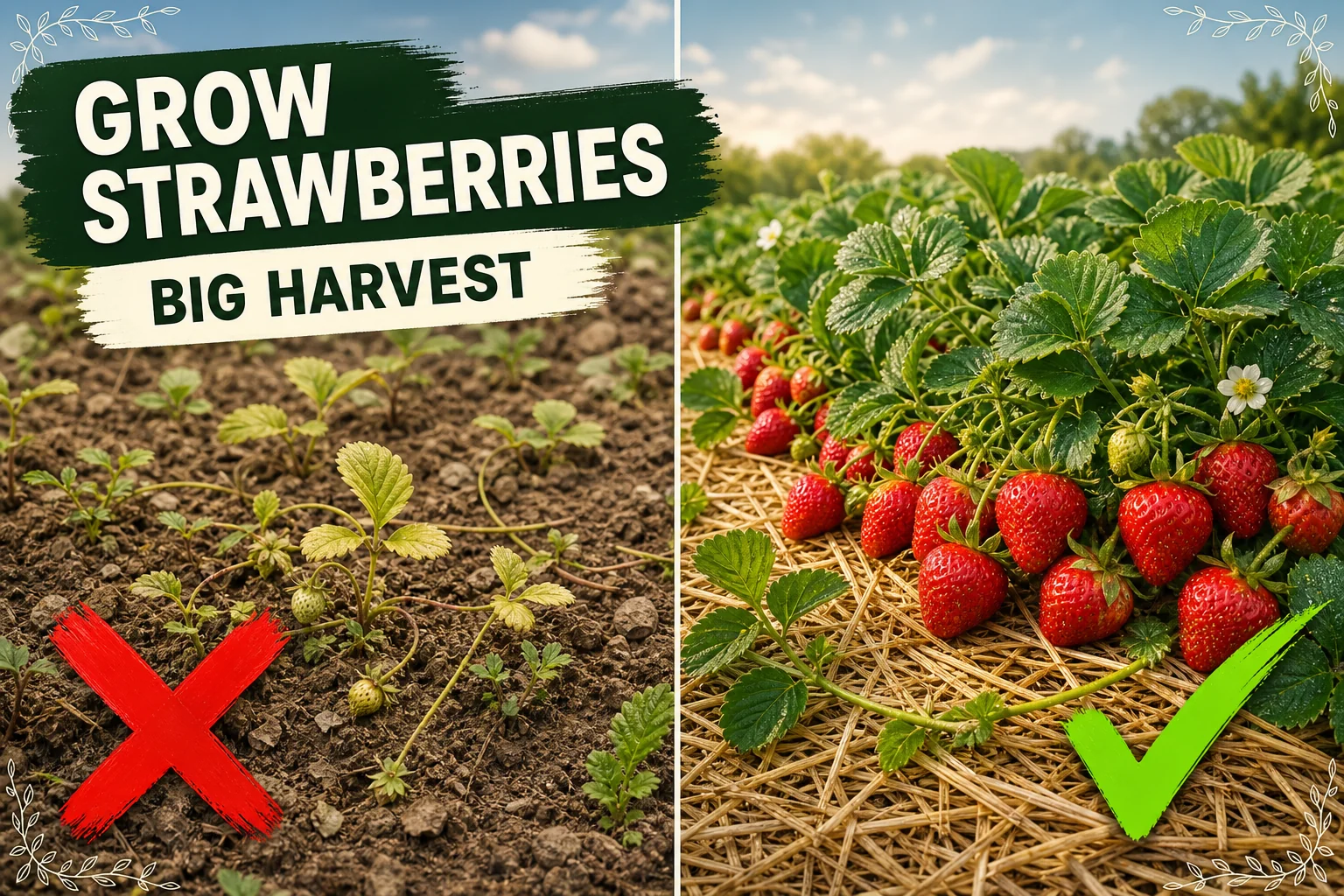 Split-screen of struggling strawberry plants with pale leaves and tiny green fruit versus a thriving strawberry patch loaded with deep red ripe berries.