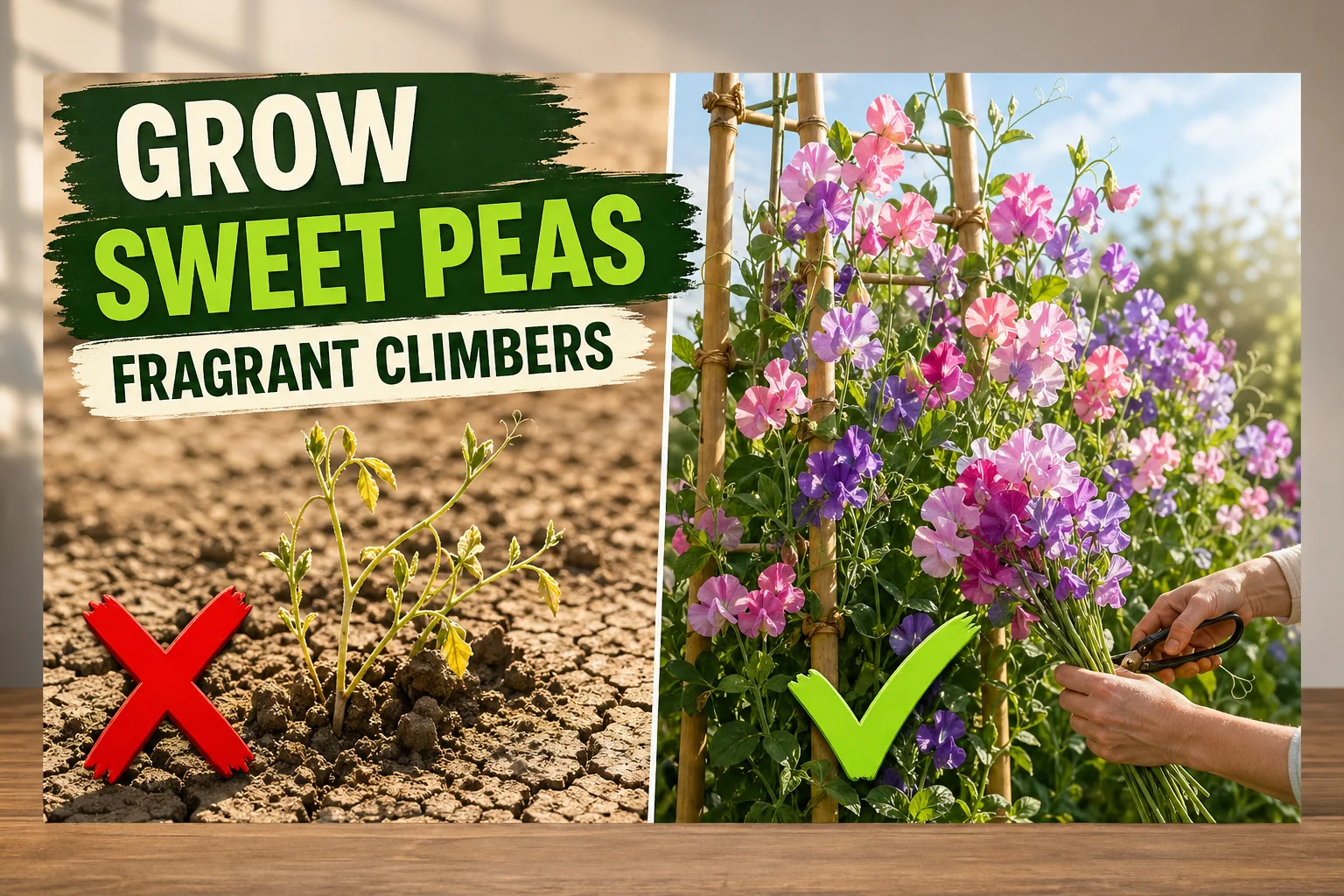 Split-screen comparison of a struggling yellowing sweet pea seedling on the left and a thriving sweet pea vine covered in fragrant pastel flowers climbing a.