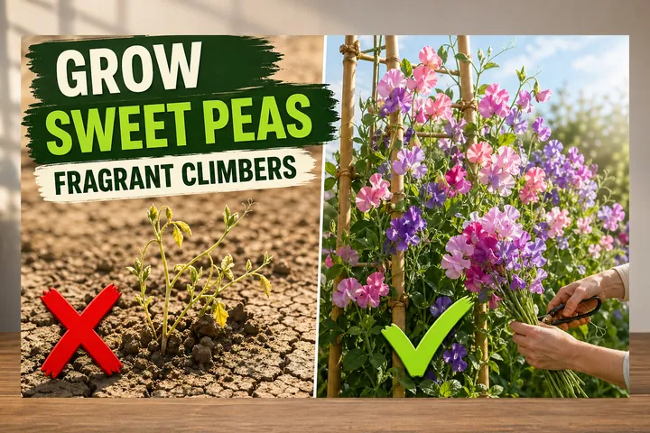 Split-screen comparison of a struggling yellowing sweet pea seedling on the left and a thriving sweet pea vine covered in fragrant pastel flowers climbing a.