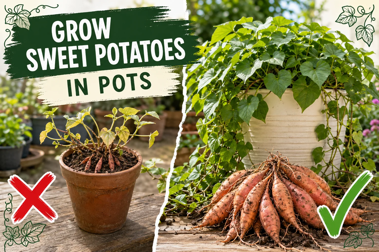 Split-screen: cramped small pot with stunted sweet potato vines versus a thriving 25-gallon grow bag full of sweet potato vines.
