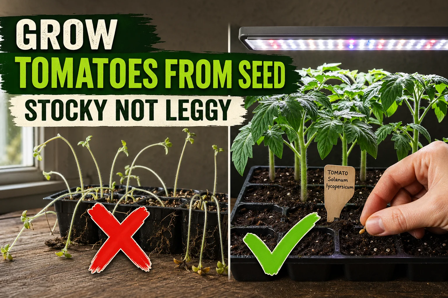Split-screen showing leggy pale tomato seedlings on the left versus stocky tomato seedlings under a full-spectrum LED grow light on the right.