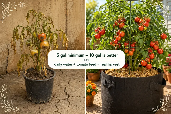A thriving container tomato plant loaded with ripe red tomatoes growing in a large fabric grow bag on a sunny patio.