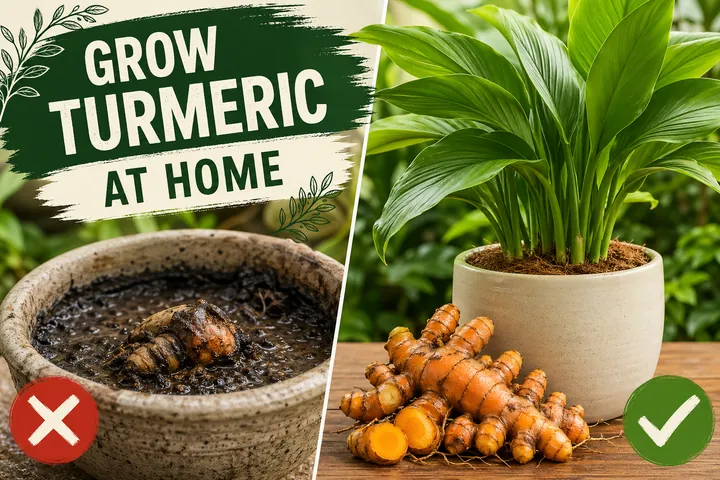 Shriveled turmeric rhizome in cold soggy soil on the left versus a healthy sprouted Curcuma longa rhizome in a warm deep container on the right.