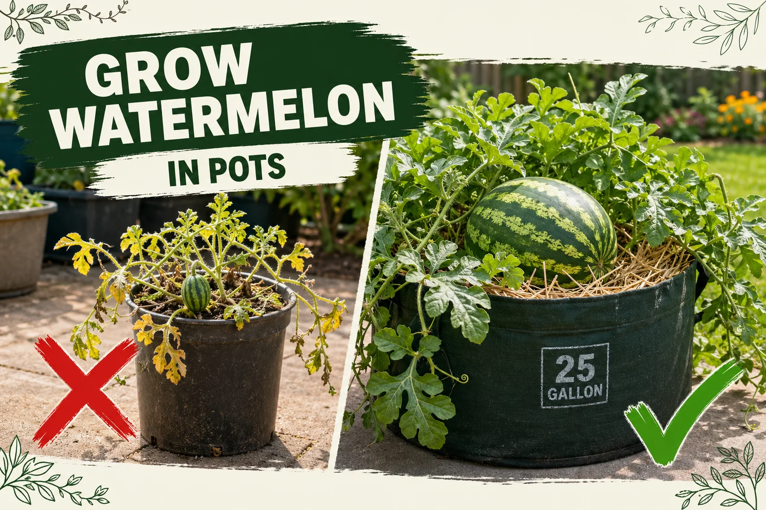 Split-screen: wilting watermelon in a tiny pot on the left versus a thriving container watermelon on a trellis with ripe fruit on the right.