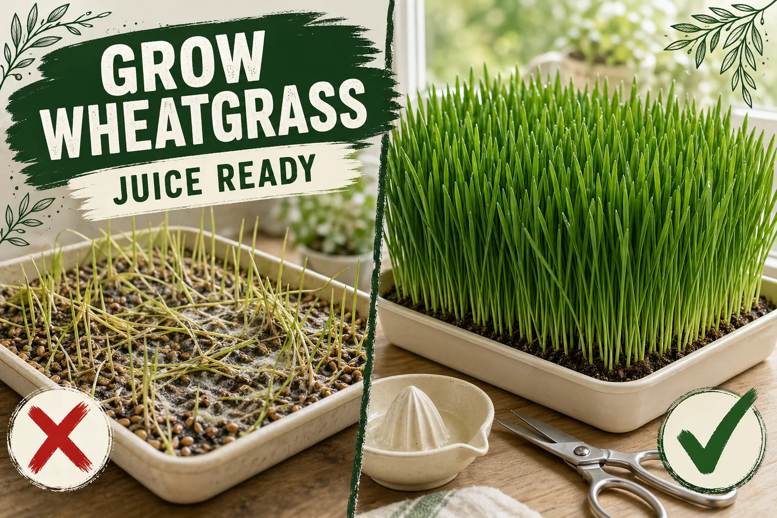 Split-screen: moldy failed wheatgrass tray with yellow matted grass versus a dense vibrant green wheatgrass tray ready to harvest.