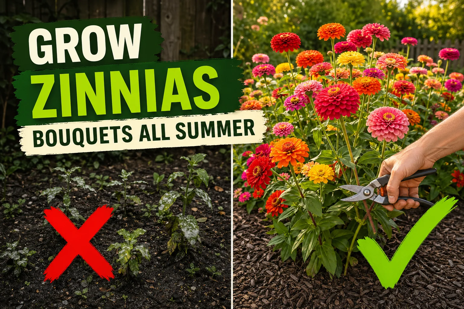 Split-screen comparison showing a sparse mildew-spotted zinnia bed on the left versus a vivid cutting garden of pink, orange, and red zinnias in full sun on.