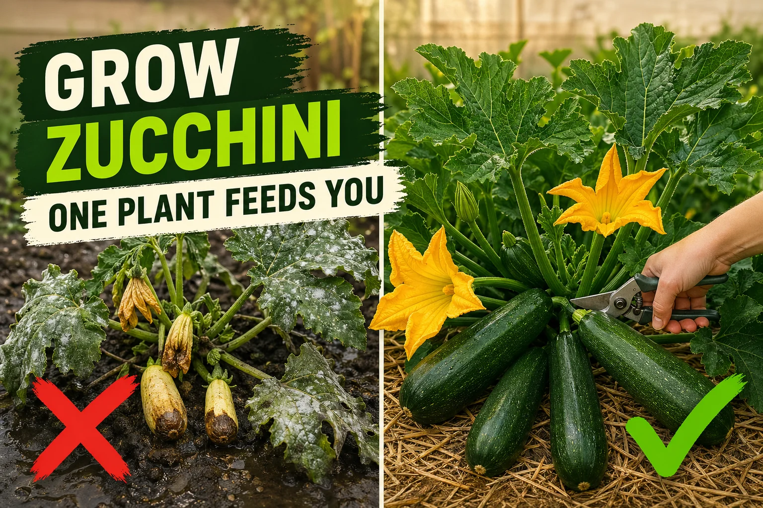 Split-screen showing a struggling zucchini plant with powdery white mildew and dropping blossoms on the left versus a sprawling productive plant heavy with.
